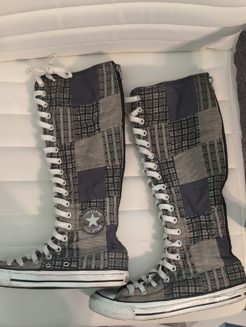 Rare Converse Tall Patchwork Knee-High Lace-Up Boots in Black and White